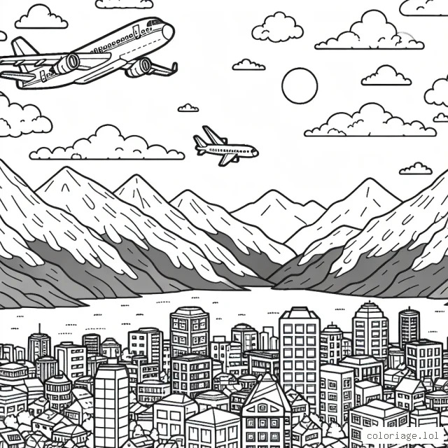 Deux avions survolant une ville animée, avec des montagnes enneigées en arrière-plan.