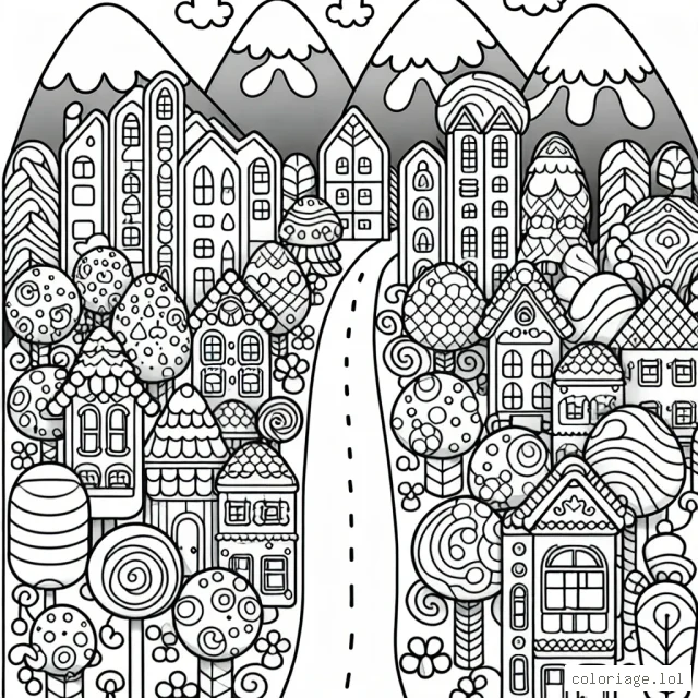 Imagines une ville de bonbon avec des maisons en biscuit, des arbres en guimauve et un chemin en chocolat