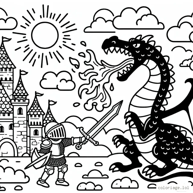 Un jeune chevalier défend courageusement son royaume contre un dragon cracheur de feu, entouré de châteaux, de nuages et de soleil.
