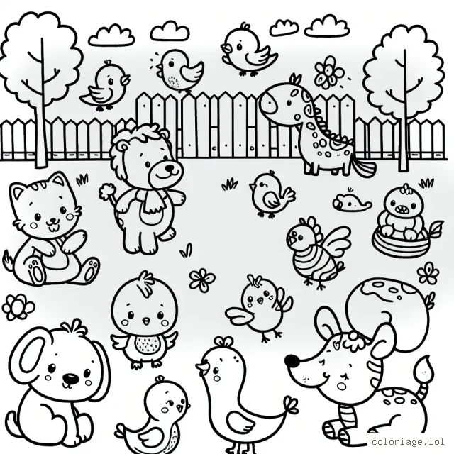 Imaginez et dessinez une scène joyeuse où des animaux de différentes espèces jouent ensemble dans un parc à thème animaux.