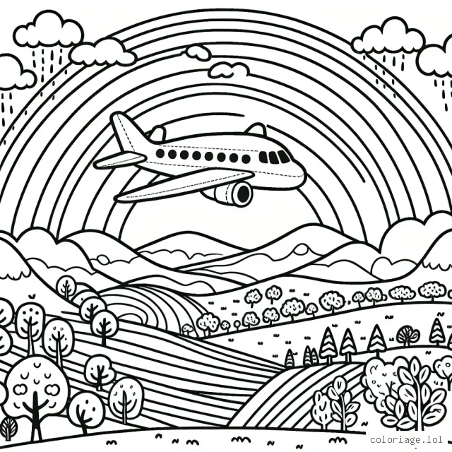 Un avion survolant la campagne verdoyante et survolant un arc-en-ciel