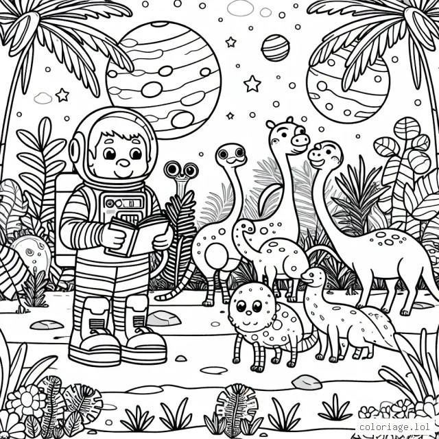 Un astronaute jouant avec plusieurs animaux découverts sur une nouvelle planète toute en couleur. Il y a également des végétations exotiques inconnues dans le décor.