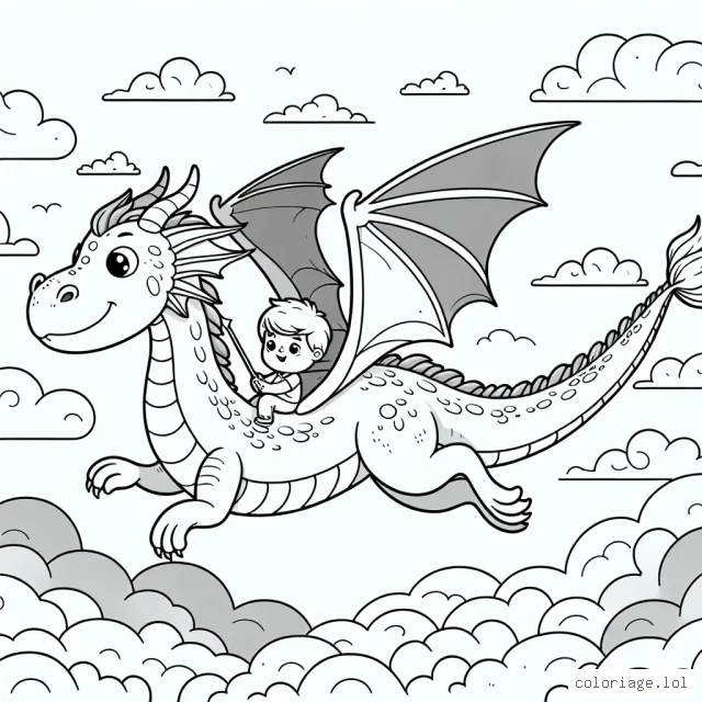 Un petit garçon chevauchant un dragon majestueux volant au-dessus des nuages!