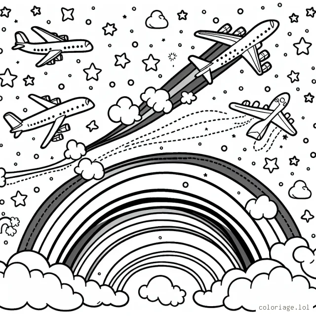 Un groupe d'avions virevoltant au milieu des nuages, des étoiles et des arcs-en-ciel