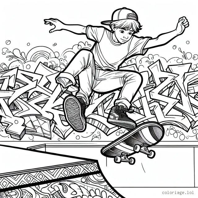 Montre un jeune skateur en plein saut au-dessus d'une rampe dans un skate park urbain, avec des graffitis dynamiques en arrière-plan