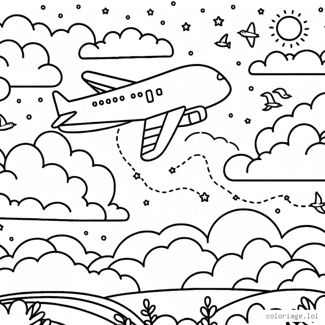 Un avion qui vole haut dans le ciel avec des nuages et des oiseaux autour
