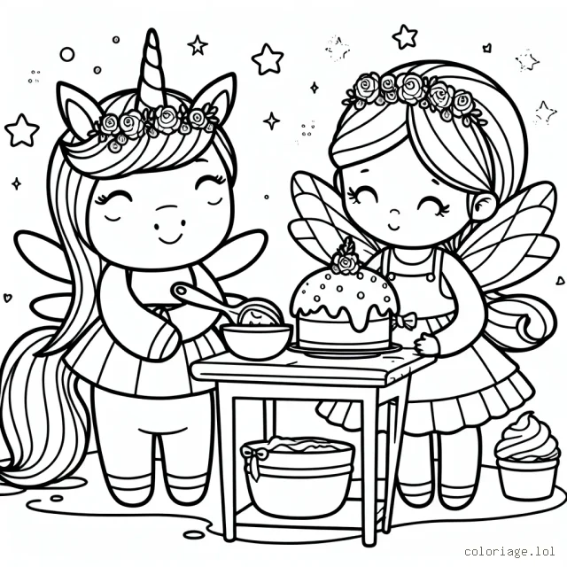 Imagine un monde féerique où une petite licorne pâtisse avec son amie la fée. Elles sont dans une cuisine magique, en train de préparer un gâteau. Colorie cette scène en utilisant des couleurs vives pour rendre leur univers plus enchanteur !