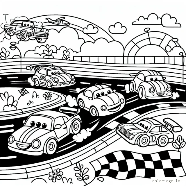 Dessinez vos voitures préférées engageant dans une course passionnante sur un circuit de course animé!