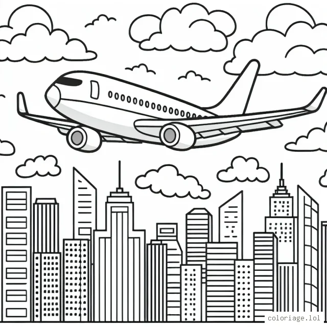 Scène avec un grand avion de passagers survolant la ville