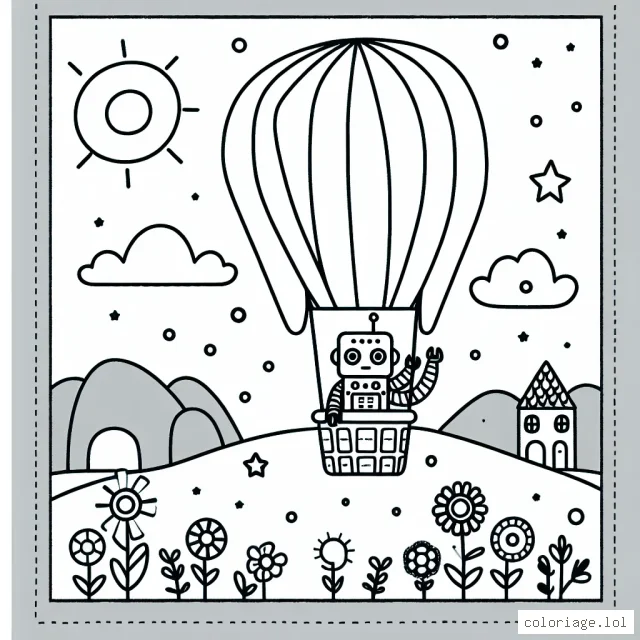 Coloriage de l'extraordinaire voyage du robot sur une montgolfière