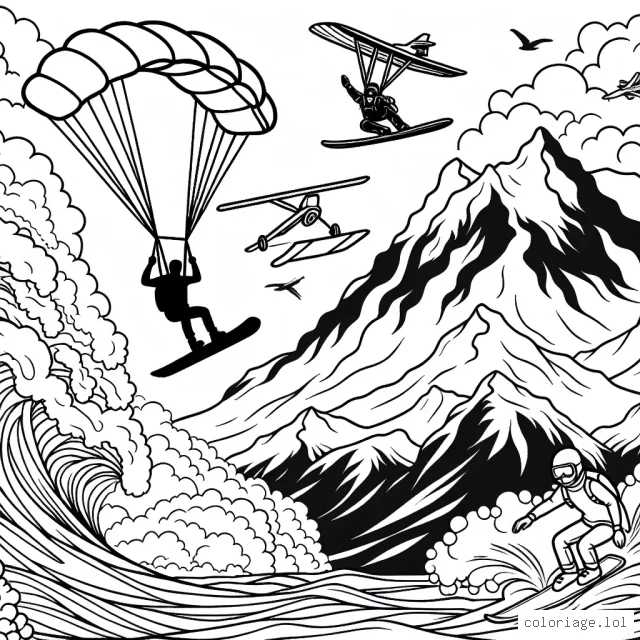 Un parachutiste en pleine descente vers une montagne enneigée, un surfeur sur une vague géante et un skieur en plein saut d'une falaise