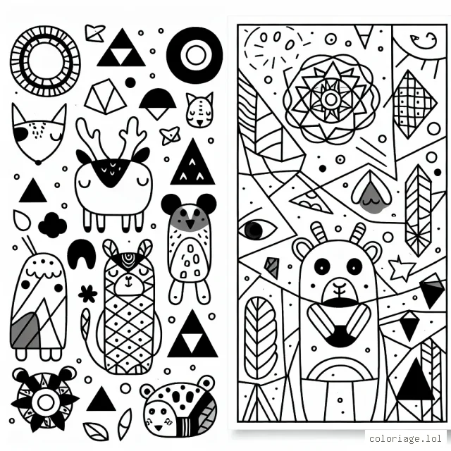 Crée un coloriage pour enfant aléatoire, varié et inventif en t'inspirant de formes géométriques et d'animaux fantastiques.