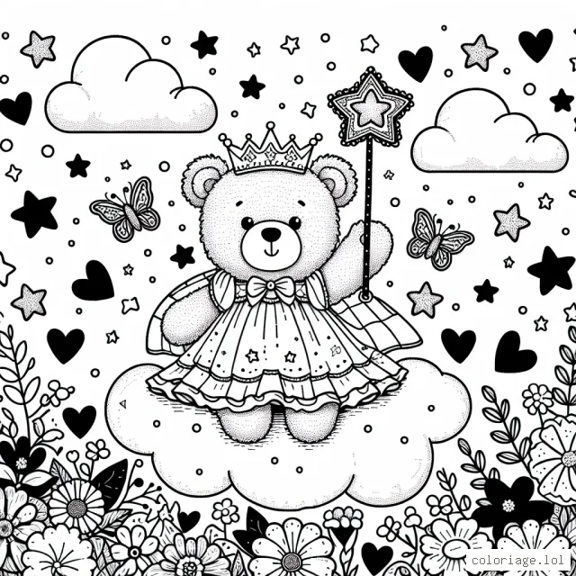 Un adorable ourson avec une robe de princesse est assis sur un nuage près d'un arc-en-ciel, un sceptre avec une étoile à la main. Il est entouré de papillons et de fleurs de différentes formes et tailles. Des étoiles et de petits coeurs sont dispersés autour du nuage.