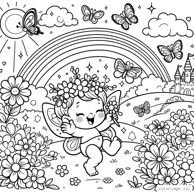 Une petite fée virevolte joyeusement dans une clairière ensoleillée, entourée de fleurs aux couleurs éclatantes. Autour d'elle, des papillons flottent librement et un arc-en-ciel éblouissant traverse le ciel. En arrière-plan, un château enchanté se profile à l'horizon.