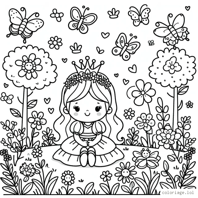 Dessine une petite princesse assise dans un jardin fleuri, entourée de papillons et de petits animaux de la forêt