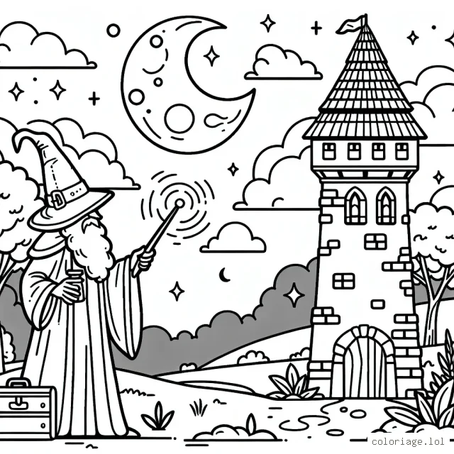 Un sorcier effectue un sortilège magique au clair de lune à côté d'une mystérieuse tour ancienne