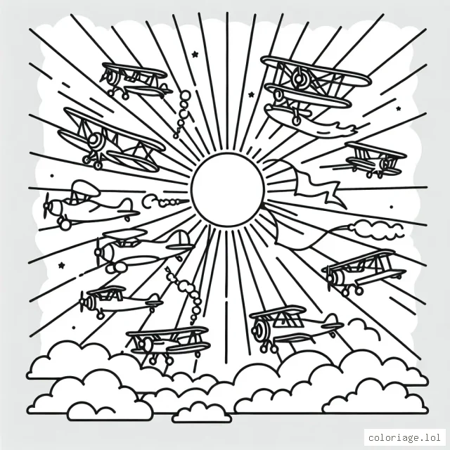 Un groupe d'avions volant haut dans le ciel, certains performant des acrobaties, d'autres tirant des bannières, tous sous un soleil radieux.