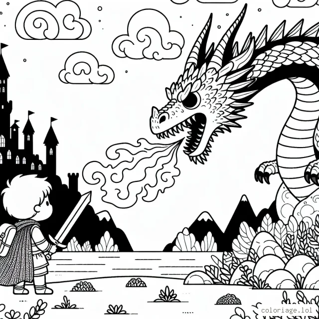 Un petit garçon courageux affrontant un immense dragon cracheur de feu dans un royaume lointain.