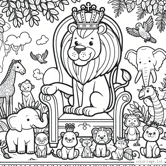Un roi lion assis sur son trône avec sa couronne, entouré de sa famille et des animaux de la jungle