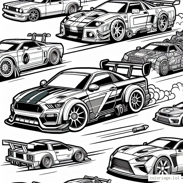 Imagine un coloriage qui représente différentes marques de voitures comme Ferrari, Mercedes, Audi, etc. Chaque voiture a des détails uniques qui la caractérisent, comme le logo de la marque, les traits de design, etc. La scène se passe dans une course automobile épique, où ces voitures se rivalisent pour la première place.