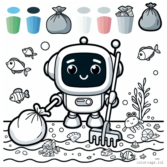 Un robot amical nettoyant les océans avec des animaux marins qui l'aident et des déchets à colorier différemment