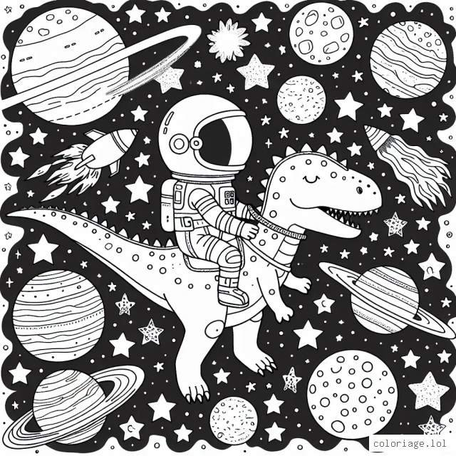 Un astronaute chevauchant un dinosaure dans l'espace, tandis qu'ils sont entourés de planètes, d'étoiles et de comètes colorées.