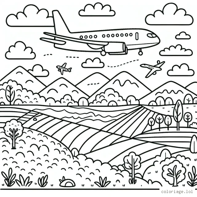 Un avion survolant un paysage riche et diversifié