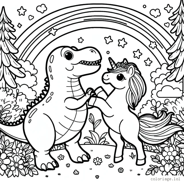 Imagines un monde fantastique où les dinosaures et les licornes coexistent. Dessines un T-Rex majestueux jouant avec une licorne gracieuse dans un paysage naturel riche en fleurs, arbres et arc-en-ciel.