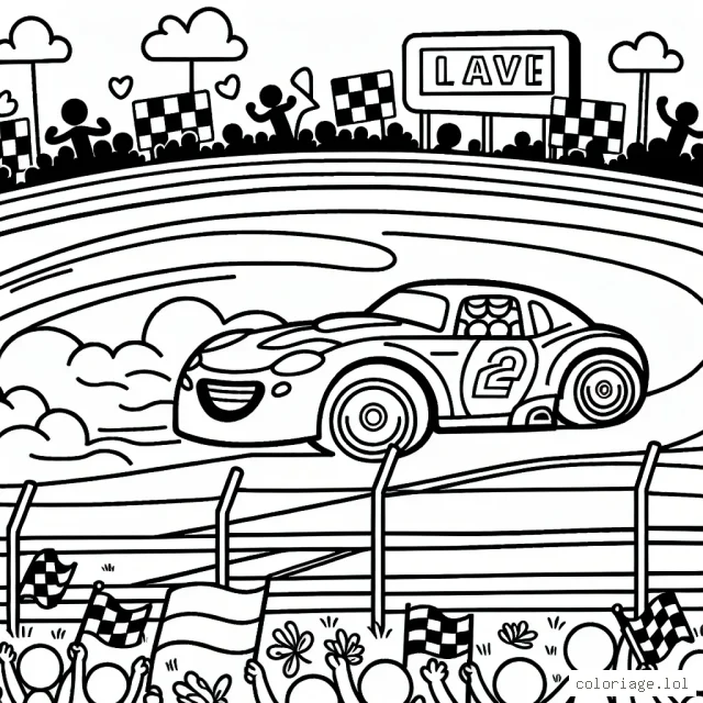 Un parcours palpitant de voiture de course filant à toute vitesse sur un circuit avec public, panneaux publicitaires et paysage de campagne environnant.