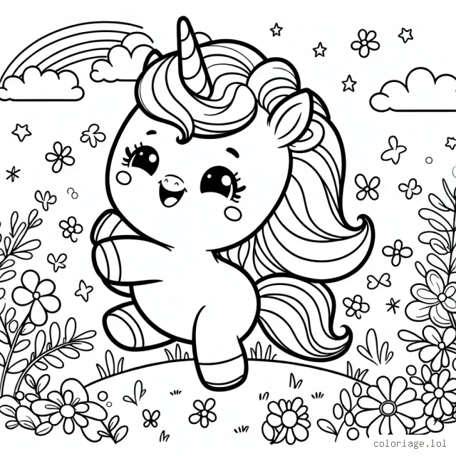 Une petite licorne joue dans une prairie parsemée de fleurs en toute liberté