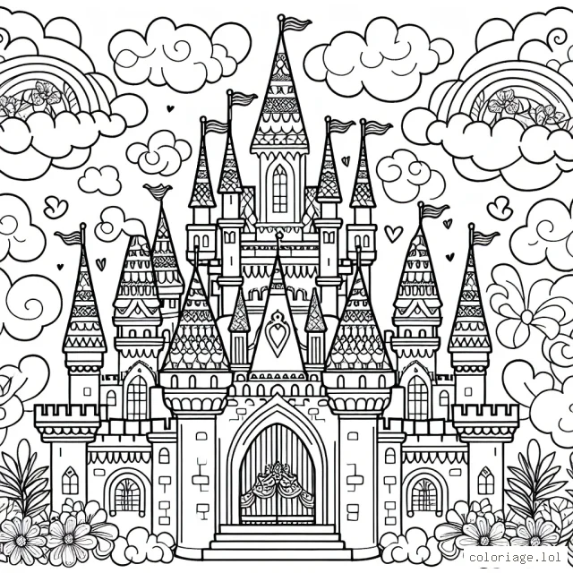 Un magnifique château de princesse au milieu des nuages avec de nombreux détails féeriques à colorier