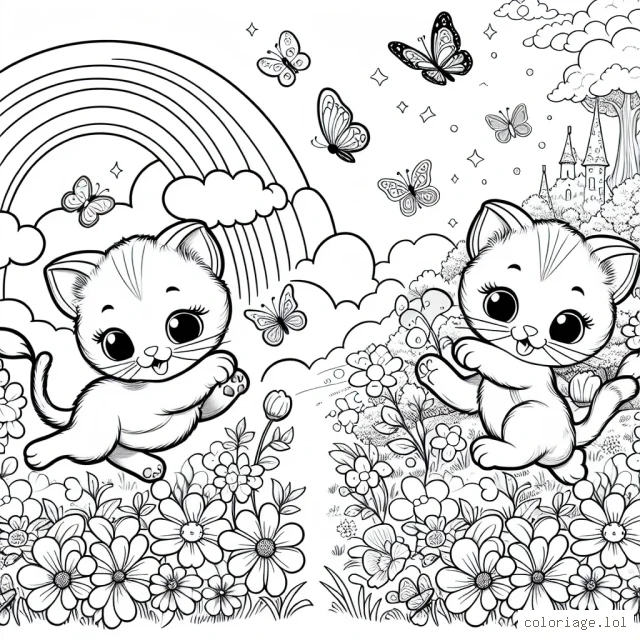Un adorable chaton joue dans un jardin magique rempli de fleurs colorées, de papillons et de fées. Il y a aussi un arc-en-ciel majestueux dans le ciel.
