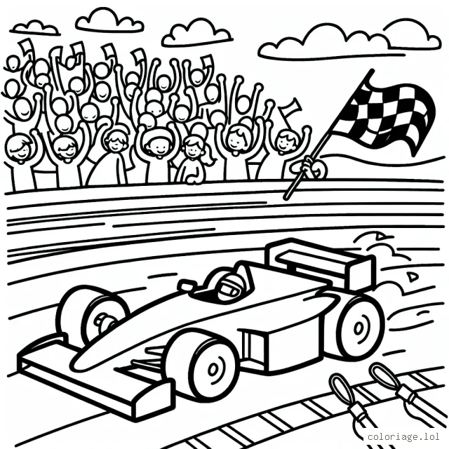 Dessine une voiture de course rapide sur un circuit, avec des fans dans les gradins et des drapeaux flottant dans l'air.