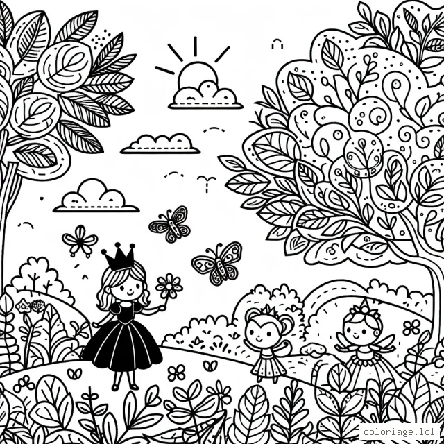 Un paysage de conte de fées avec une petite princesse jouant avec des créatures magiques dans un jardin fleuri
