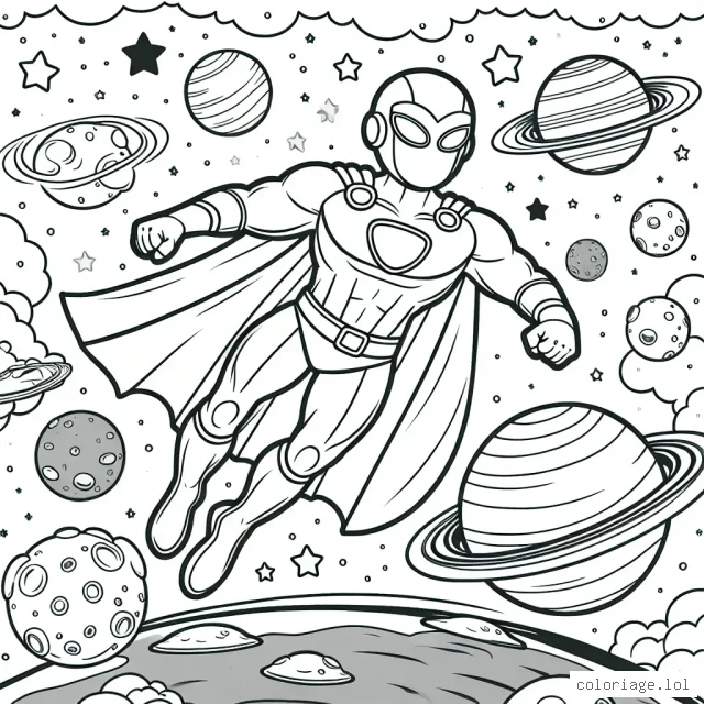 Super Héros de l'Espace survolant des Planètes Alien