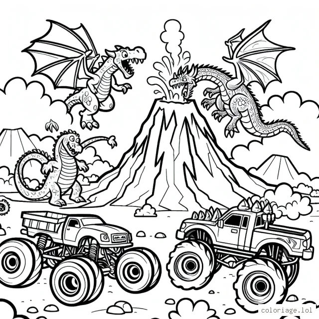 Imaginez une scène de dragons jouant avec des camions monster truck sur un volcan en activité.