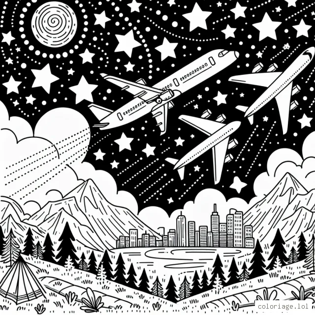 Un groupe d'avions qui volent à travers le ciel étoilé pour une aventure nocturne incroyable avec une destination en ville depuis la nature sauvage.