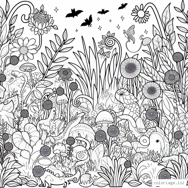 Un jardin magique peuplé de créatures fantastiques cachées derrière les plantes et sous les fleurs.