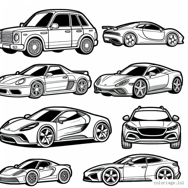 Dessine et colorie des voitures selon leurs marques comme Ferrari, BMW, Audi, Mercedes et Tesla. Remplis chaque voiture avec tes couleurs préférées !