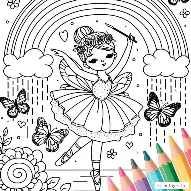 Une danseuse étoile avec une robe de fée dansant près d'un arc-en-ciel lumineux avec des papillons colorés.
