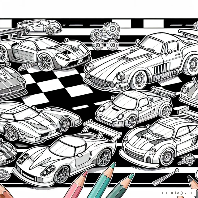 Imagine une scène où des voitures de différentes formes et de différents styles se préparent pour une course passionnante sur une piste de course animée. Il y a des voitures de sport, des voitures anciennes, des voitures futuristes et des voitures de dessins animés. Chacune d'entre elles est unique et prête à montrer ses couleurs vives et brillantes sur la piste. Es-tu prêt à leur donner vie avec tes couleurs?