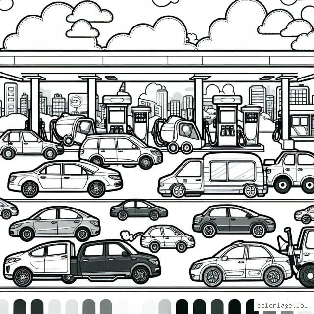 Dessine une scène détaillée où une variété de voitures par marque sont garées dans une station-service animée.