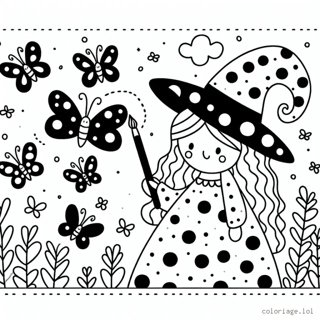 Sorcière à petits pois dessinant des papillons magiques