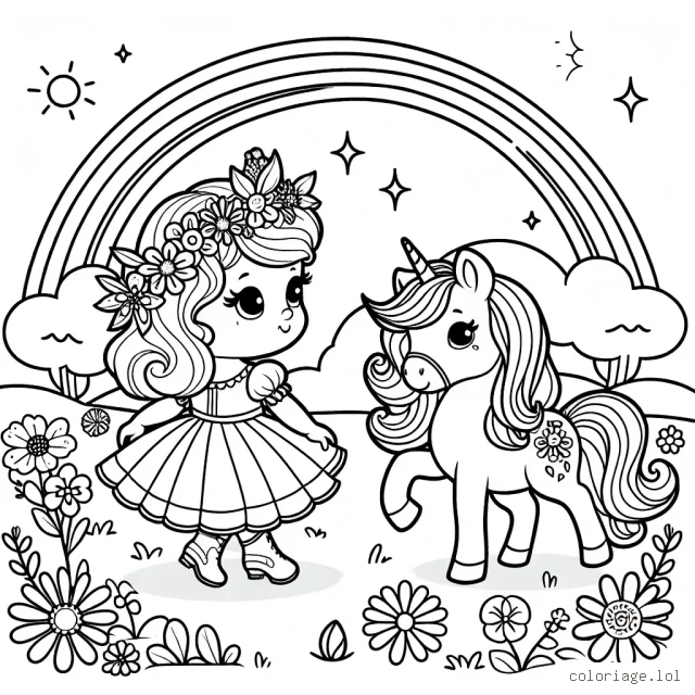 Une petite princesse dans un jardin de fleurs magiques avec son fidèle poney arc-en-ciel.