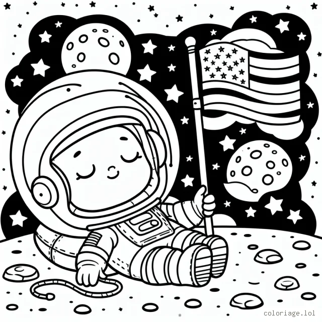 Un astronaute se détend sur la lune, tenant un drapeau avec des étoiles tout autour de lui.
