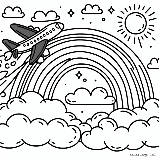 Imagine une scène dynamique d'un avion volant haut dans le ciel lors d'une belle journée ensoleillée. Des nuages doux et moelleux se trouvent tout autour et un grand arc-en-ciel coloré se courbe à l'arrière-plan. L'avion nonce un ruban de fumée derrière lui.