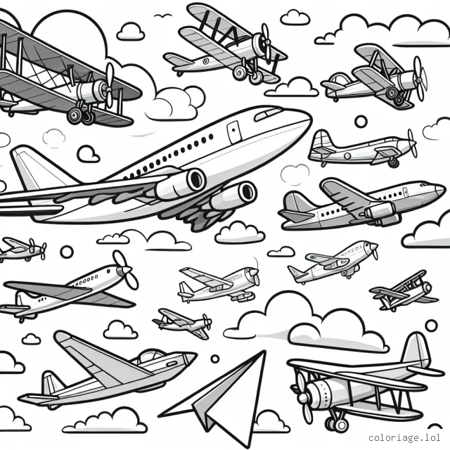 Dessine un ciel animé d’avions de différentes tailles, formats et époques; des avions à hélice du début du siècle dernier, aux impressionnants jets modernes, sans oublier l’avion de papier qui flotte joyeusement aux côtés des géants.