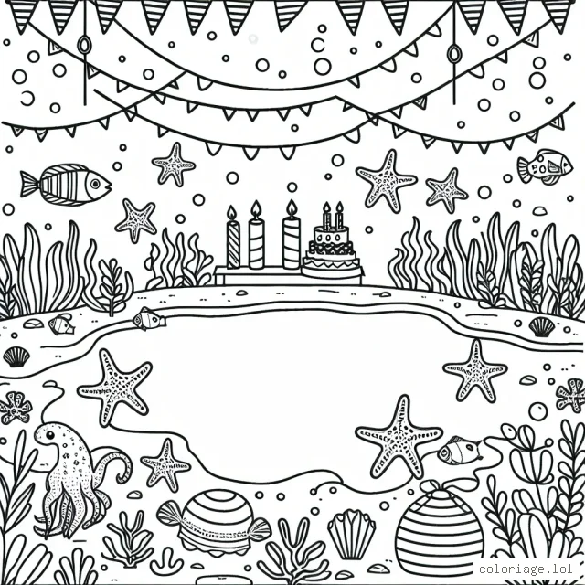 Imagine et dessine une fête d'anniversaire amusante dans le monde sous-marin avec des poissons, des étoiles de mer, des coquillages et des algues.