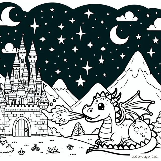 Un petit dragon inoffensif essaie d'apprendre à cracher du feu sous les étoiles nocturnes, assis sur une colline en face d'un château majestueux.