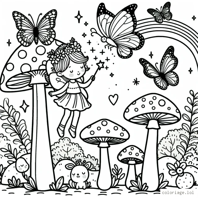 Imaginer la forêt enchantée avec une jolie petite fée qui virevolte entre les champignons géants, les papillons chatoyants et les animaux de la forêt. La petite fée dessine un arc-en-ciel avec sa baguette magique.